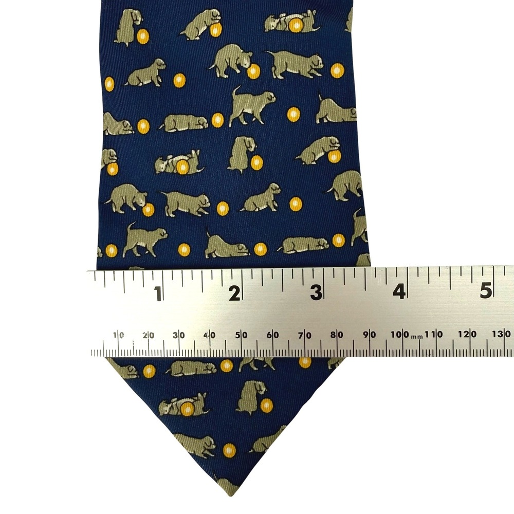 Hermes Paris Mens Silk Tie Navy Blue Puppy Dog Ball Novelty Print Made in France - Picture 4 of 5